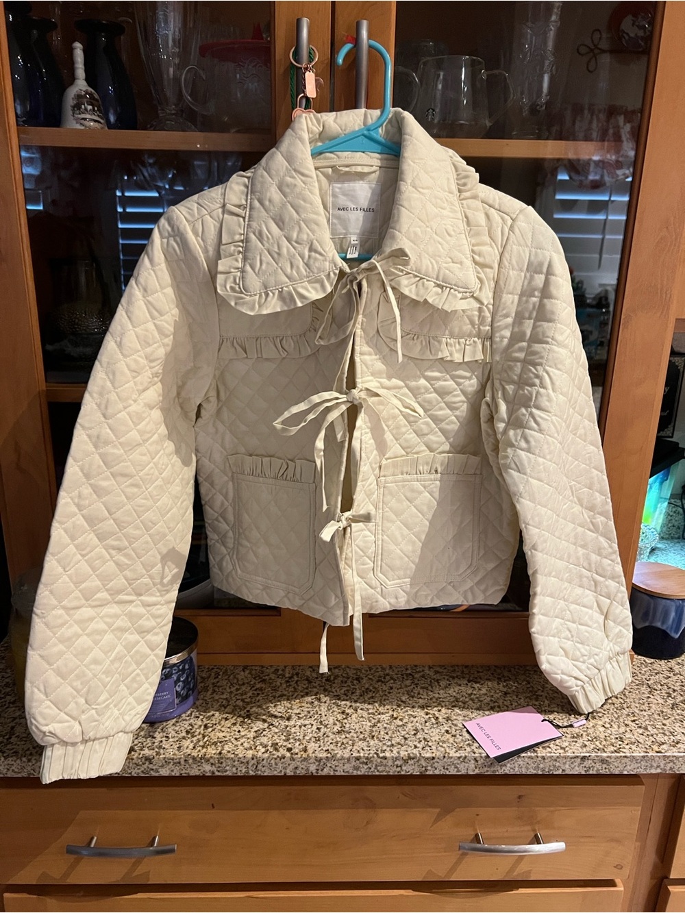 Avec Les Filles Cream Quilted Tie-Front Puffer Jacket